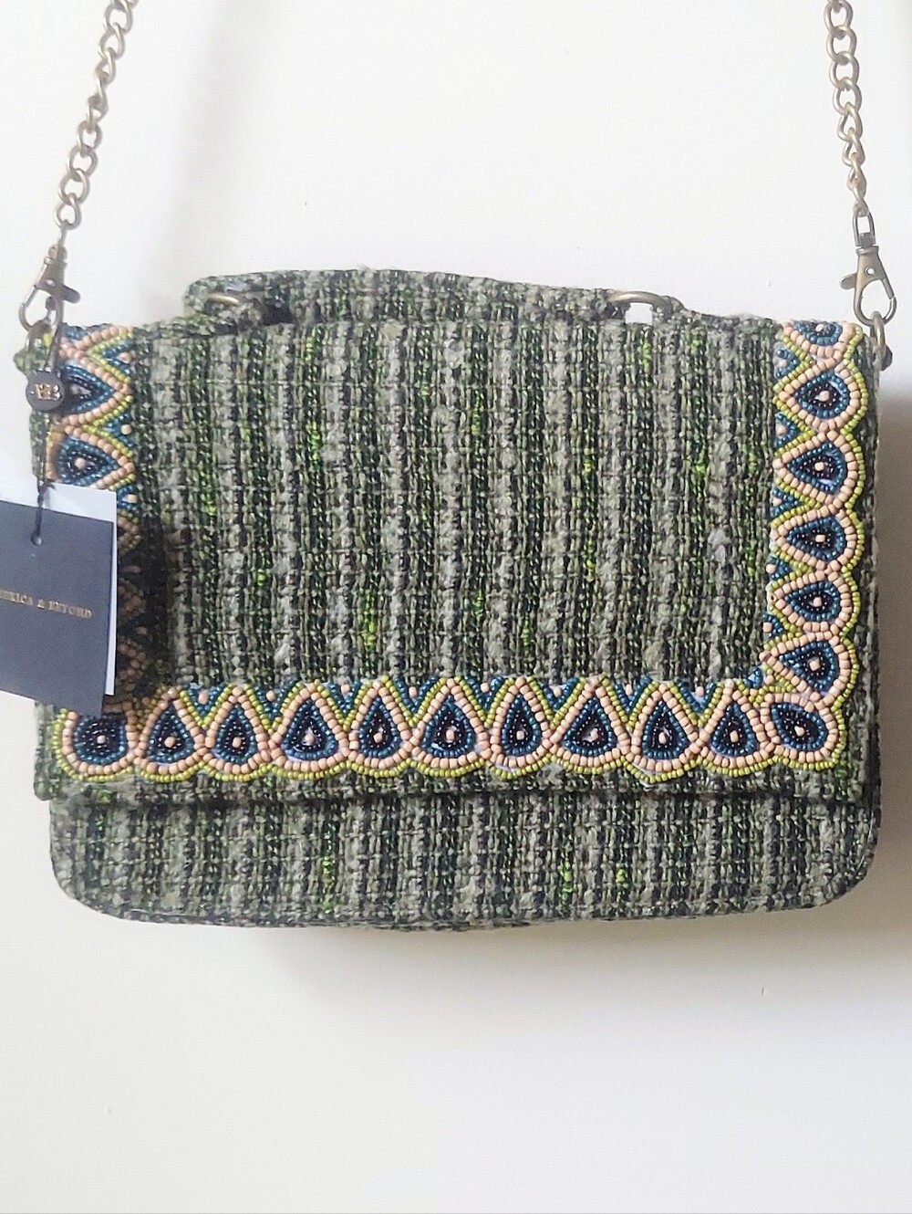 America & Beyond Navy Blue And Green Tweed Handbag With Beaded Embellishment